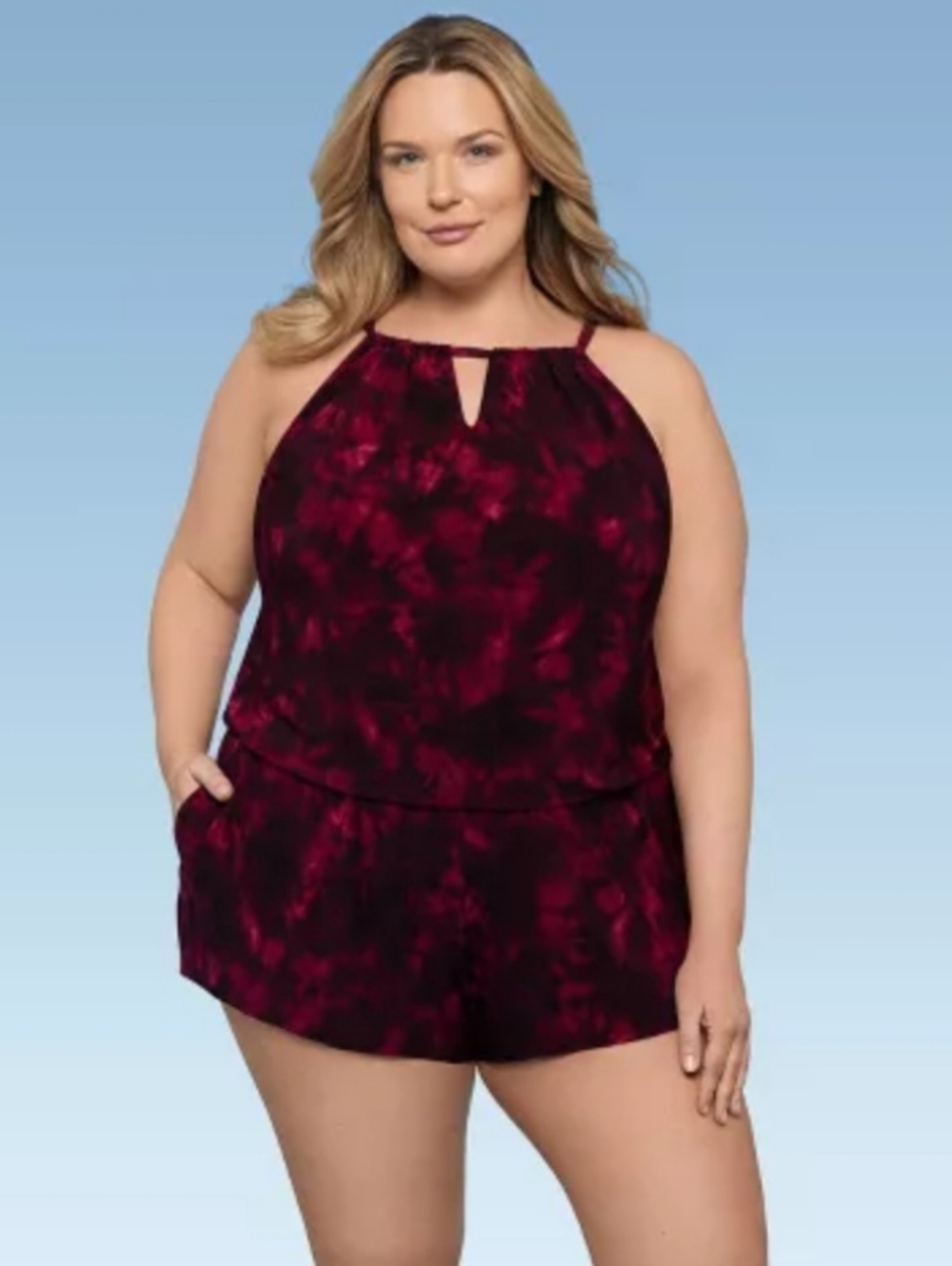 Aqua Green -Women's Keyhole Blouson Romper, To Dye For Red